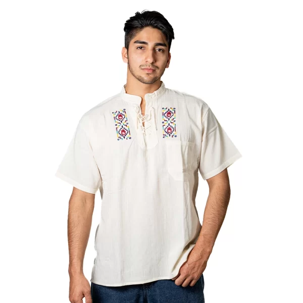 Artisan Embroidered White Shirt Ecuadorian Style for Men