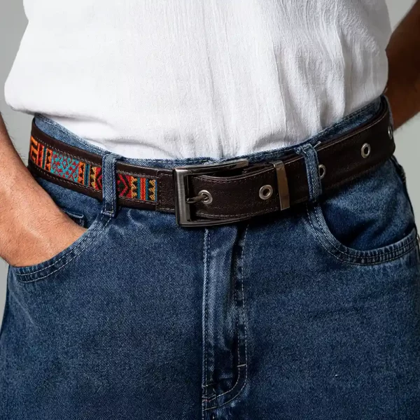 Handmade Leather Belt with Andean Woven Design Ethnic Unisex Fashion