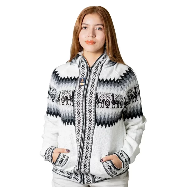 Artisan Alpaca Wool Zip-Up Hoodie with Llama Pattern – Soft and Warm Sweater Made in Ecuador