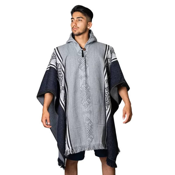 Unisex Native Alpaca Poncho, Andean Ethnic, Modern, Handmade, Wholesale, Lead and Navy Blue for Men