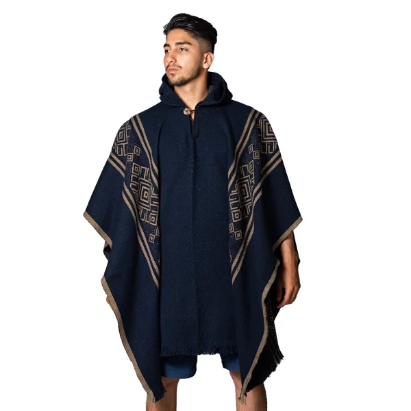 Unisex Native Alpaca Poncho, Andean Ethnic, Modern, Handmade, Wholesale, Total Navy Blue for Men