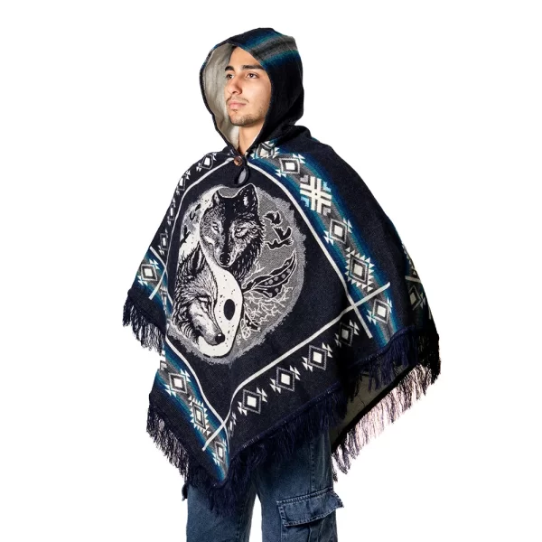 Andean Alpaca Poncho Hoodie with Wolf Spirit Symbol