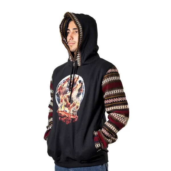 Andean Alpaca Wool Hoodie with Wolves Print