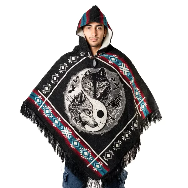 Artisan Alpaca Wool Poncho Hoodie Wolf Yin Yang