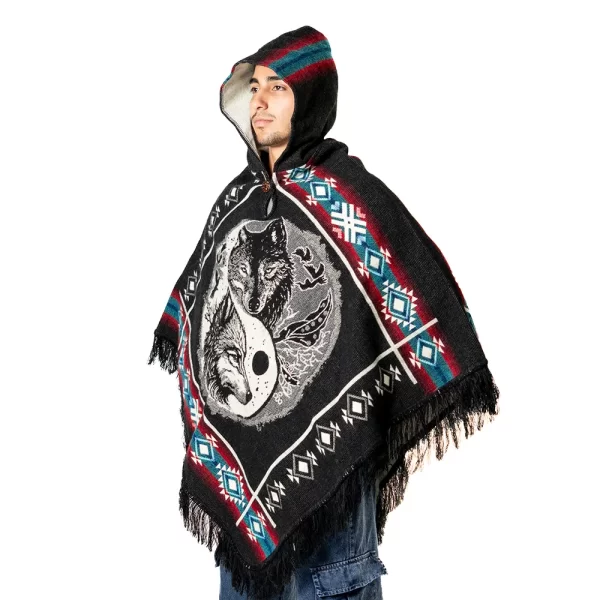 Boho Festival Poncho with Wolf Spirit Print and Hood