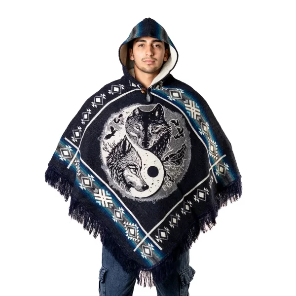 Tribal Wolf Poncho Hoodie Handmade in Ecuador