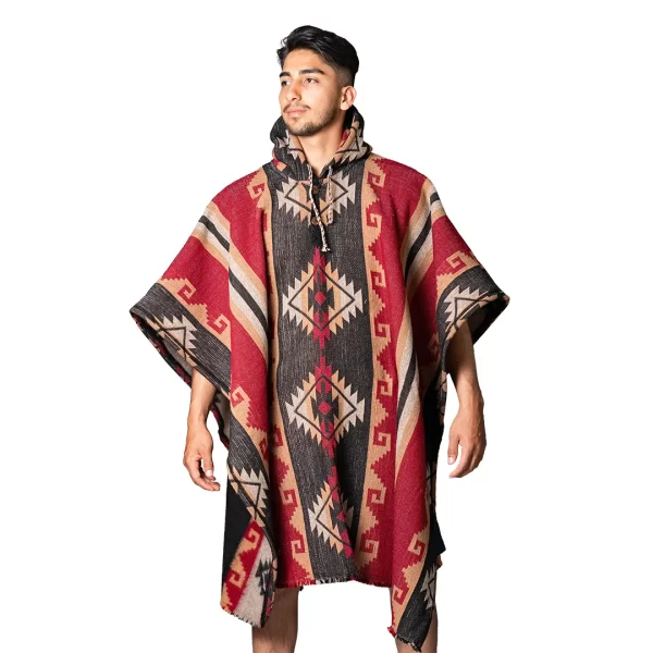 Ultra Thick Aztec Alpaca Poncho Hooded Handmade Wholesale Red Brown for men