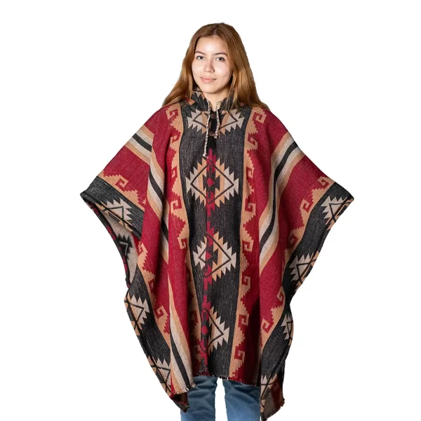 Ultra Thick Aztec Alpaca Poncho Hooded Handmade Wholesale Red Brown for women