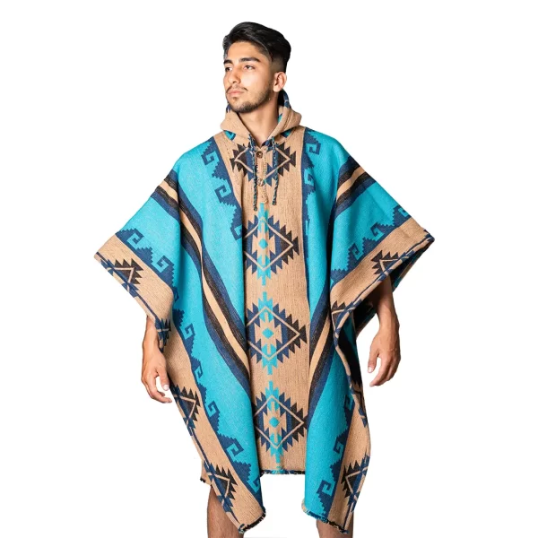 Ultra Thick Aztec Alpaca Poncho Hooded Handmade Wholesale Turquoise Brown for men