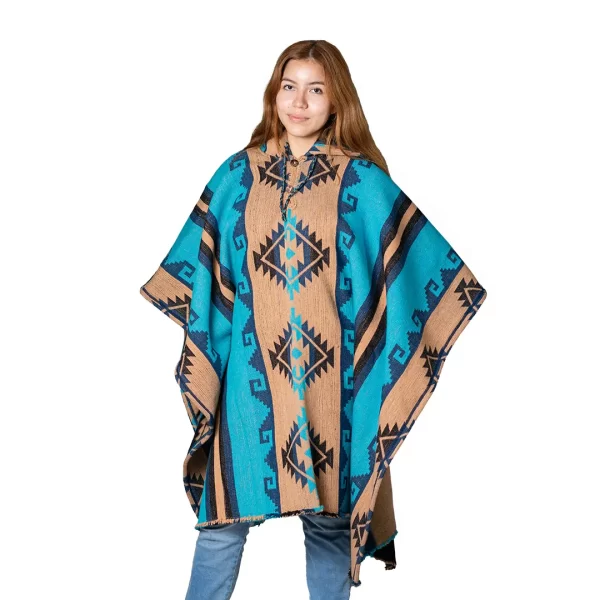 Ultra Thick Aztec Alpaca Poncho Hooded Handmade Wholesale Turquoise Brown for women
