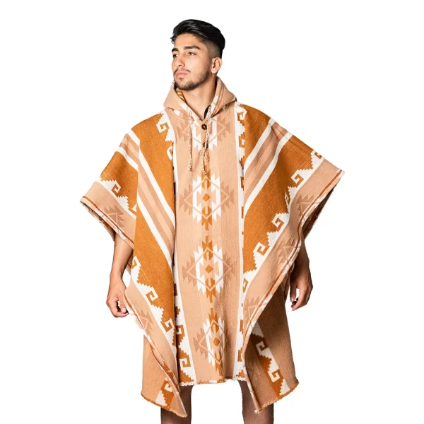 Ultra Thick Aztec Alpaca Poncho with Hood, Handmade Wholesale, Brown Beige for men