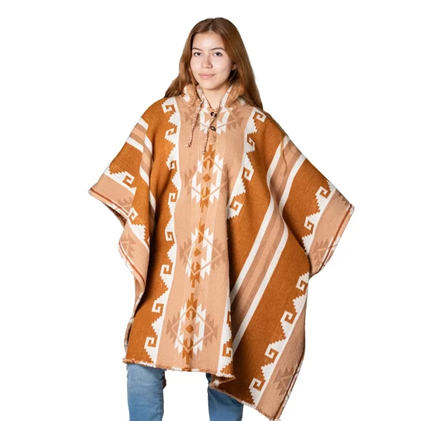 Ultra Thick Aztec Alpaca Poncho with Hood, Handmade Wholesale, Brown Beige for women
