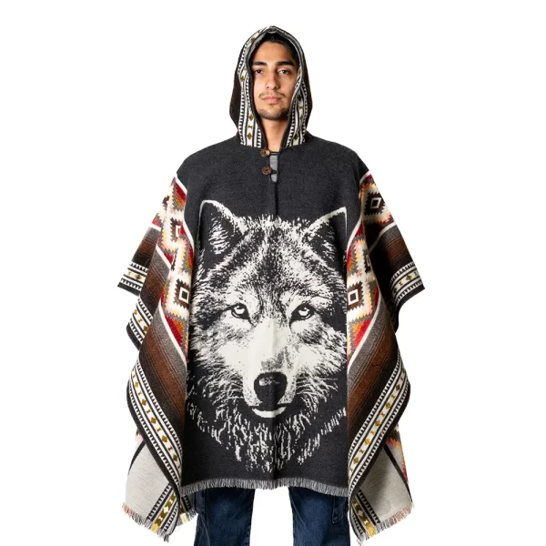 Alpaca Wool Poncho Hoodie with Wolf Design Ecuador
