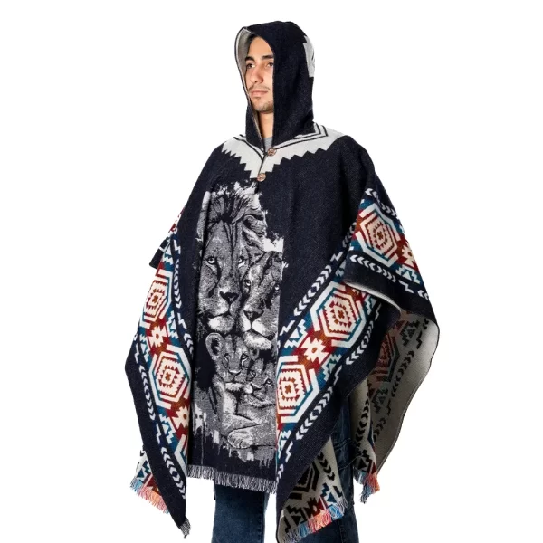 Alpaca Wool Poncho with Native Andean Print and Hood