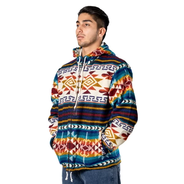 Colorful Andean Alpaca Hoodie with Tribal Geometric Patterns