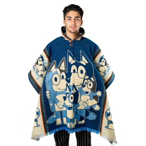 Poncho de Alpaca de Dibujos Animados infantil Hecho a Mano, Azul Venta al por mayor artesanal ecuatoriana