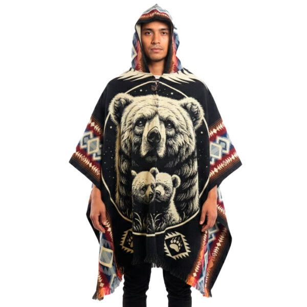 Bear Hooded Poncho Blanket Unisex Tribal Wildlife Cape