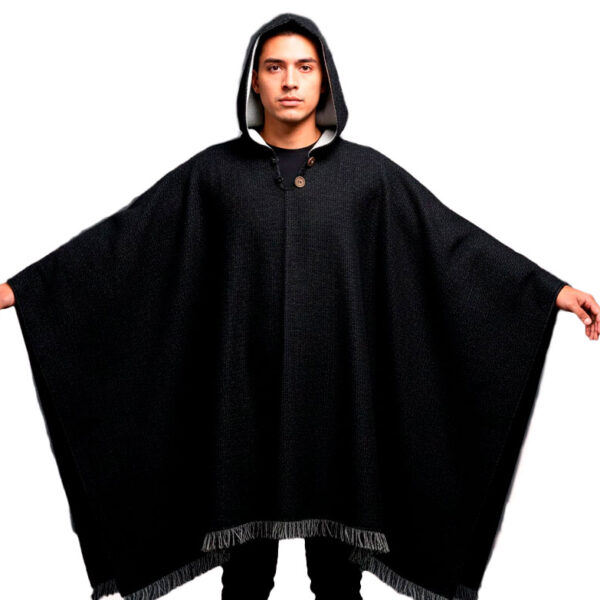Handmade Black Alpaca Poncho with Hood Andean Unisex Artisan Wear Ecuador