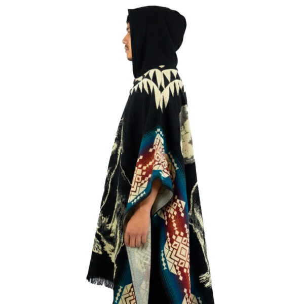 Unisex Tribal Wolf Alpaca Poncho with Hood, Made in Ecuador