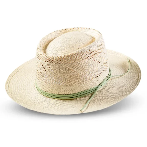 Breeze weave Panama hat natural straw with green leather band handmade Ecuador