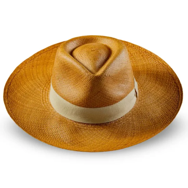 Montecristi Panama hat toquilla straw weave detail with beige ribbon band handmade in Ecuador