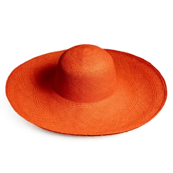Orange wide brim Panama hat, handmade straw beach hat