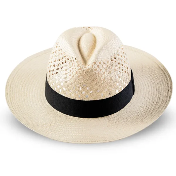 Panama hat woven with ventilated natural straw with black ribbon handmade in Ecuador
