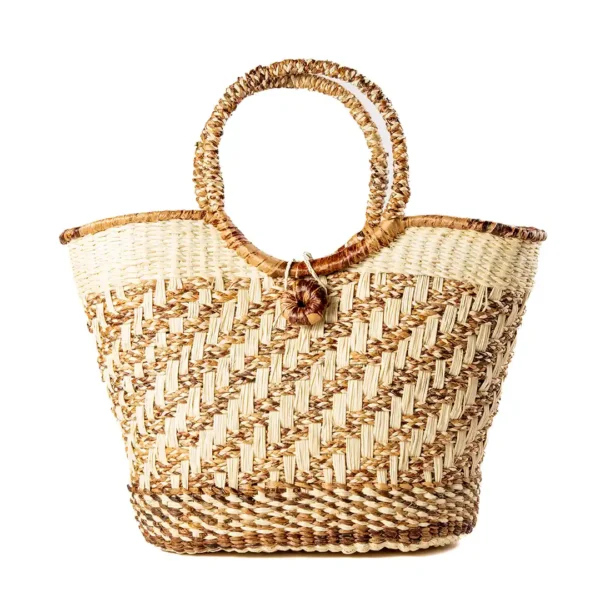 Two tone handwoven straw bag natural brown artisan beach handbag Ecuador